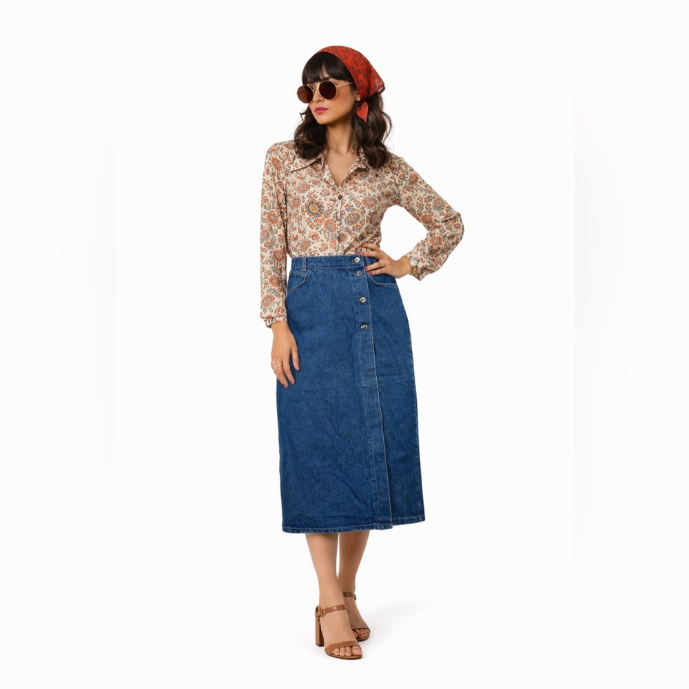Vintage 90s Retro Kings Bay 100% Cotton Medium Wash Button Midi Skirt Size 8